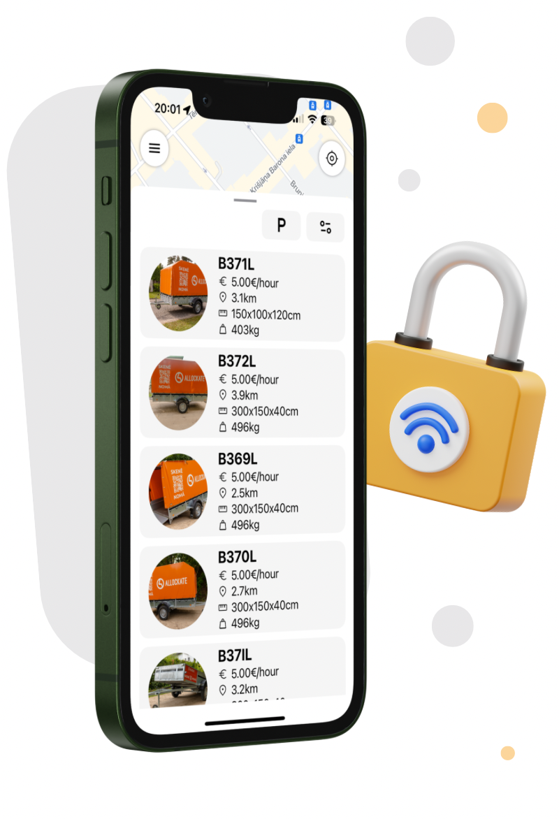 Allockate piekabju nomas lietotnes attēls telefonā ar bluetooth atslēgu